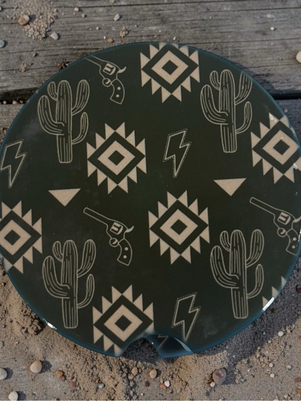 Southwestern Cactus & Revolver Round Car coaster Accessory -  (2 per set)